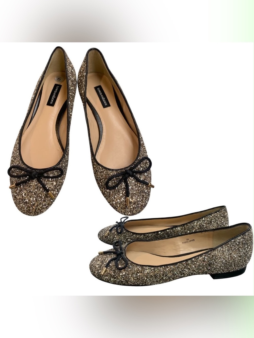 Town Shoe Taryn Rose Glitter Ballet Flats with Black Bow S6